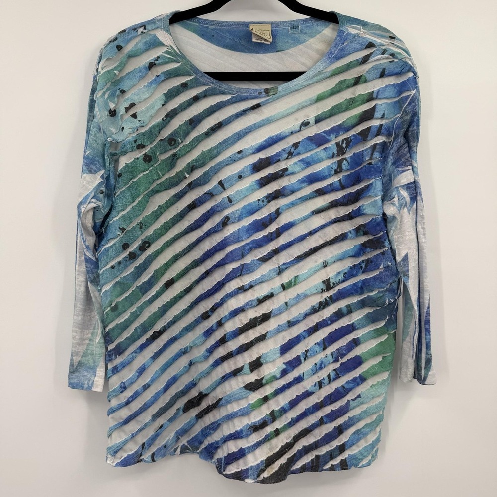 Jess‎ & Jane Tunic Shirt Top Womens Large Blue Striped Sheer Slit Lightweight